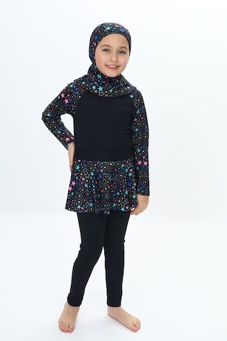 My Kids Wear Üç Parça Kız Çocuk Haşema, Tesettür, Etekli, Kapalı Mayo Mavi - Sarı