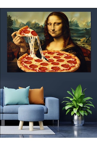 Mona Lisa Pizza Yiyor Komik Dekoratif Kanvas - Mdf Ahşap Tablo