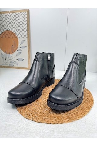 İmershoes Günlük Erkek Ayakkabı Dışı Hakiki Deri İçi Kürklü Büyük Numara Kaymaz Taban Fermuarlı Kışlık Bot 087 Siyah