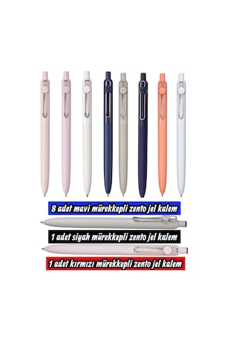 Uniball Zento 10'lu Set Jel Tükenmez Kalem 8 Mavi Mürekkep 1 Siyah 1 Kırmızı Mürekkep 0.7 Mm Çok Renkli