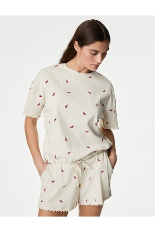 Marks & Spencer Regular Fit Kısa Kollu Pijama Üstü T37003510T Krem Mix