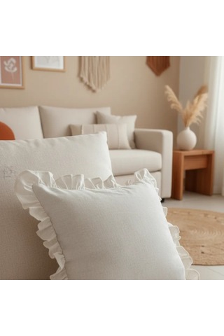 Ham Keten Krem Fırfırlı Kırlent 2 Adet Kırlent Kılıfı 43 X 43