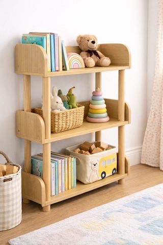 Pureza Ahşap Çocuk Kitaplık & Oyuncak Rafı 3 Katlı Çok Amaçlı Düzenleyici 60x80 CM Meşe