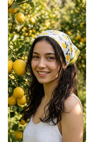 Trend Dokunuş Kadın 50-50 Saten Limonlu Fular Bandana Sarı