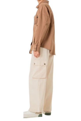 Kız Çocuk Keten Kumaş Zincir Detaylı Gömlek Ve Kargo Cepli Bol Paça Pantolon Takımı Açık Kahverengi