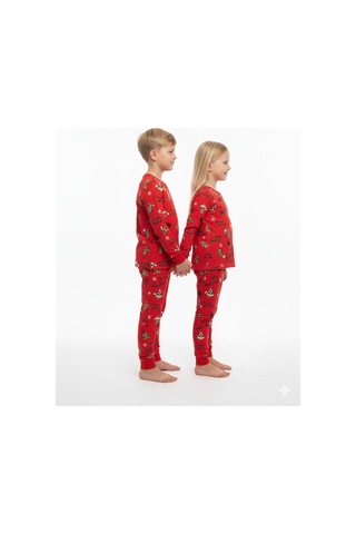 Kırmızı Renkli Baskılı Unisex Pijama Takımı %100 Pamuk Kırmızı