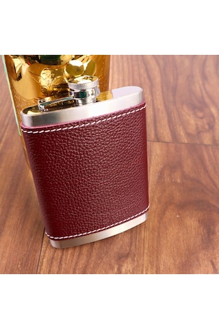 Perlotus 8 Oz 235 Cc Hunili Kızıl Kahverengi Hakiki Deri Kılıflı Çelik Viski İçki Matarası Kahverengi Açık