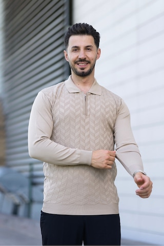 Hk Premium Erkek Triko Kazak Zikzak Desenli Polo Yaka Fermuarlı Slim Fit Bej