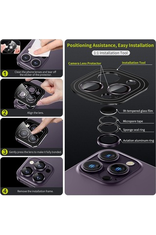 Vkemall İphone 14 Pro İçin Ultra Koruyucu Safir Kamera Lens Kılıfı - Mor Renk Gümüş