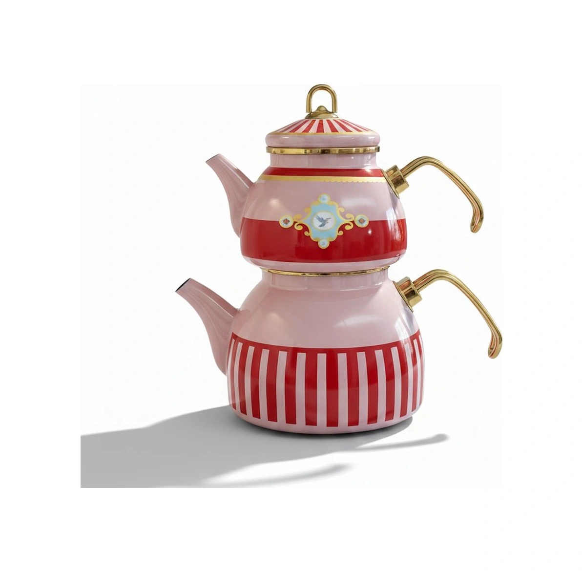 Bird Studio Pembe Renk Emaye Çaydanlık Takımı - 2 Lt. + 1 Lt. Pembe
