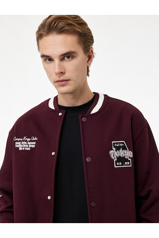 Koton İşlemeli Çizgi Detaylı Çıtçıt Düğmeli Cepli Bomber Ceket Bordo 6wam50028mk Bordo