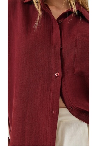Kadın Oversize Basic Cepli Müslin Gömlek Bordo