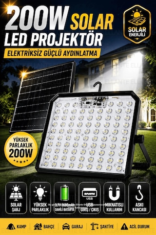 200w Solar Led Projektör Usb Şarjlı Powerbank Özellikli Güneş Enerjili Taşınabilir Kamp Bahçe Garaj