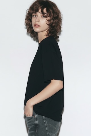 Feg Store %65 Pamuk Kadın Oversize Siyah Fit Bisiklet Yaka T-shirt