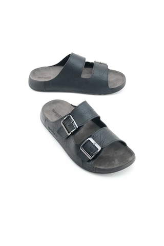 Gezer Naturela Comfort Erkek Yazlık Suni Deri Çift Toka Ayarlanabilir Rahat Taban Günlük Terlik Siyah