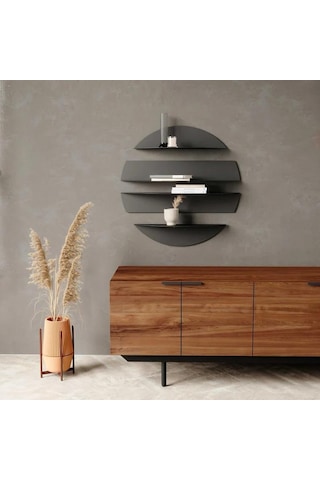 Yuvarlak Bölmeli 4 Parça Metal Mat Siyah Duvar Rafı Modern Dekoratif Metal Duvar Rafı, Daire 4'lü Siyah Dekoratif Antre Salon Oturma Odası Raf Siyah