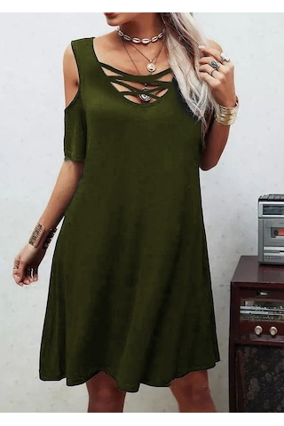 Dekolteli Bağcık Detay Viskon Kumaş Elbise Haki