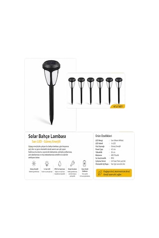 6'lı Solar Bahçe Lambası Sarı Led Güneş Enerjili Yol Ve Peyzaj Aydınlatması 30 Cm Beyaz Işık