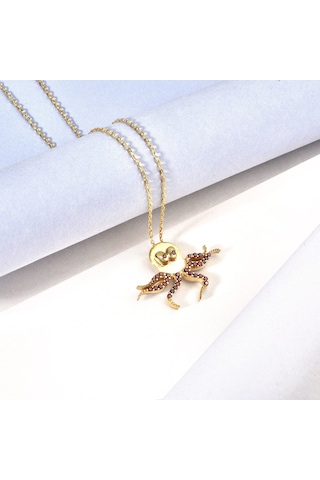 14 Ayar Mikron Altın Kaplama Ahtapot Figürlü Kolye Kırmızı Taşlı El Yapımı Tasarım - Cns00671 Altın