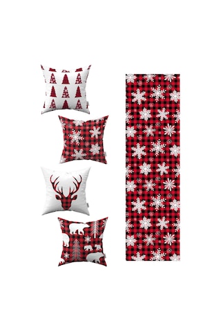 Kırmızı Siyah Ekose Yılbaşı Temalı 4'lü Kırlent Kılıfı 1 Runner Seti 4kmbs84-rs-01