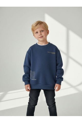 Zekids Erkek Çocuk Pamuklu V Yaka Baskılı Sweatshirt-16702 Indigo