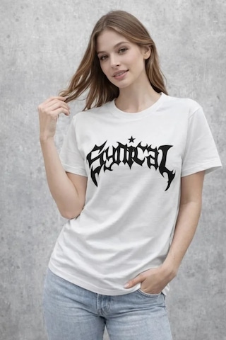 İkales Bisiklet Yaka Ön Baskılı Kısa Kollu Tişört Streetwear Günlük Basic Pamuklu T-shirt - Beyaz