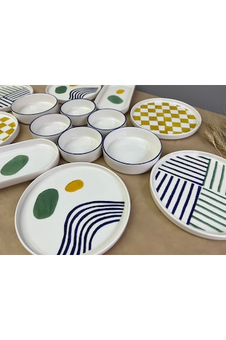 Kevin Seramik Modern Hand Made 14 Parça 6 Kişilik Lüxs Kahvaltılık Sunum Tabağı Seti Mavi - Sarı - Yeşil