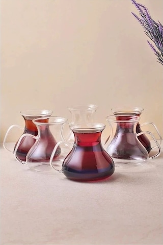 Ehl-i Keyf 6 Lı Borosilikat Cam Çay Bardağı Seti Kulplu Çay Takımı 200 Ml Şeffaf