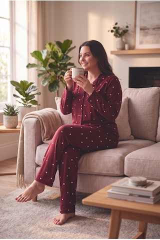 Seboteks Süet Kumaş Önden Düğmeli Büyük Beden Kadın Pijama Takımı 2800 Bordo