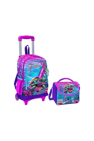 Coral High Pembe Mor Kaplumbağa Işıklı Tekerlekli Okul Çantası ve Beslenme Seti - Kız Çocuk