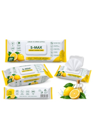 S-max Limon Kokulu Yüzey Temizleme Havlusu Büyük Boy 12 Paket 12x102 'li Beyaz Dokulu