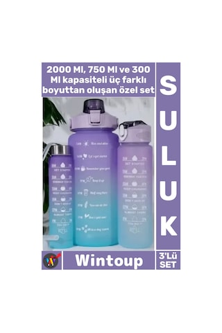 Suluk 3 Lü Paket Tritan Sızdırmaz Pipetli Zaman Çizelgeli Su Matarası Motivasyon Suluk Seti Renkli Çok Renkli