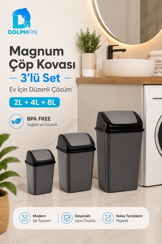 Magnum 3 Lü Sallanır Kapaklı Çöp Kovası Seti 2 L 4 L 8 L Banyo Mutfak Antrasit Siyah