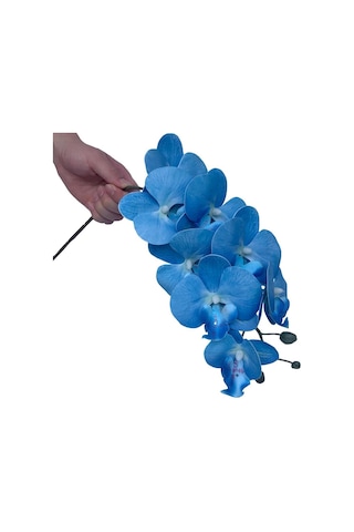 4lü Set Yapay Çiçek Mavi Islak Orkide Ve 2 Adet Orkide Yaprağı Gerçeksi Doku Uzun Dal 90cm