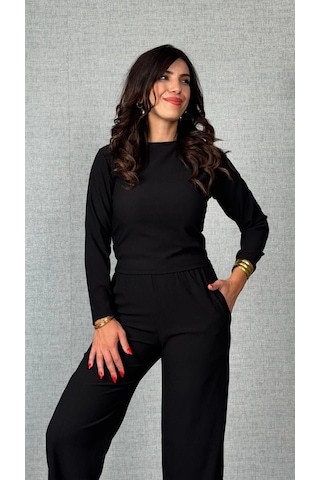 S-pazarım Kadın Uzun Kol Bisiklet Yaka Bürümcük Bluz Ve Pantolon Ikili Takım Siyah