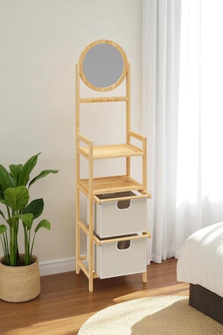 Digithome Bambu Aynalı 2 Çekmeceli Banyo Düzenleyici 2 Raflı Şifonyer Makyaj Organizeri Db-0035 Kahverengi