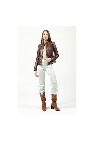 Dericlub Siena Kadın Slim Fit Hakiki Deri Mont Camel Antik Camel Antik Camel