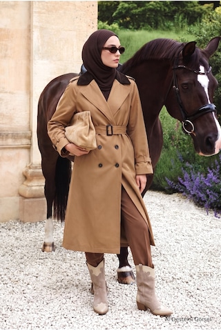 Avenna Kontrast Yaka Belden Kemerli Yandan Cepli Kap 125 Cm Boy Camel 26kt713