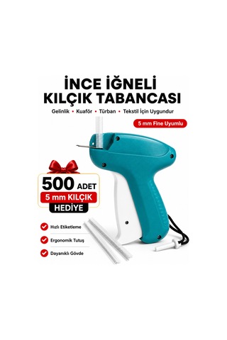 İnce İğneli 5 Mm Kılçık Tabancası 500 Adet Kılçık Hediyeli Türban Gelinlik Kuaför Etiket Tabancası