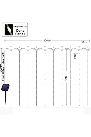 Solar Panelli Otomatik Şarjlı 3x3 Metre Perde Saçak Led Güneş Enerjili Modlu Günşığı Led Işık Aydınlatma 12 Saçak Günışığı