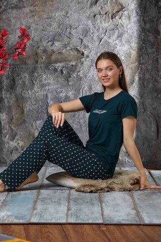 Lukitus Sıfır Yaka Kısa Kol Milan Kumaş Kadın Pijama Takımı Yeşil