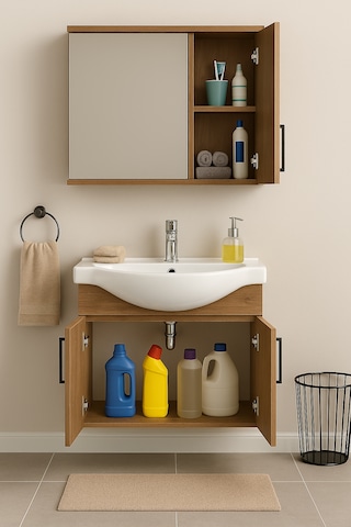 Lacrime 65 Cm Ahşap Renkli Mdf, Oval Seramik Lavabolu, Alt Ve Üst Ahşap