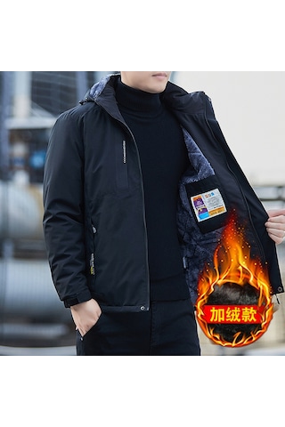 Erkek Sonbahar/kış Kadife Astarlı Rüzgar Geçirmez Ve Su Geçirmez Ceket Siyah