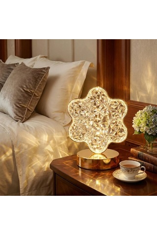 Çiçek Model Kristal Led Masa Lambası Dokunmatik, 3 Renk Işık Modlu, Şarjlı Mini Dekoratif Gece Lambası Beyaz