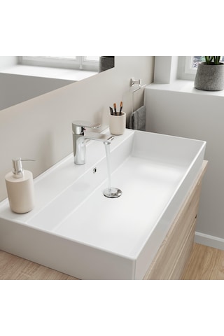 Aqua Bagno Plan Tezgah Üstü Kare Lavabo Beyaz 80 x 45 CM