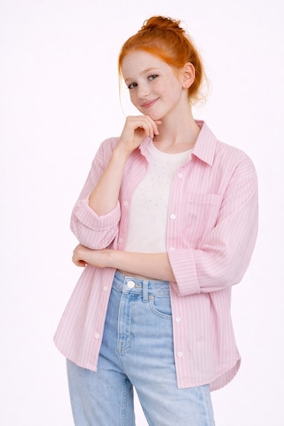 Ahengim Kız Çocuk Çizgili Taşı Crop Badili Gömlek Takım Ak2606 Pembe