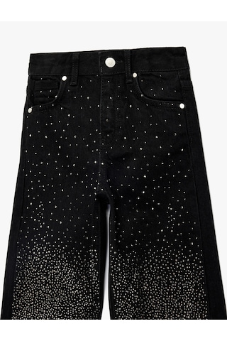 Koton Pamuklu Cepli Taş Detaylı Geniş Paça Denim Pantolon Siyah 6skg40023ad Siyah