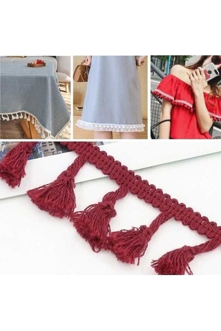 Flybuy 25 Metre 4.5 Cm Pamuklu Süpürge Dantel Kurdele, Etnik Püskül, Dıy Perde, Ev Dekoru, Giyim Aksesuarı, Kırmızı Renk
