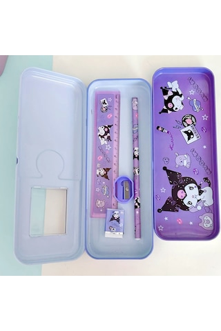Kawaii Sanrio Kuromi Metal Kalem Kutusu Kırtasiye Seti Cinnamoroll Kuromi Kalemlik Hediye Seti Mor