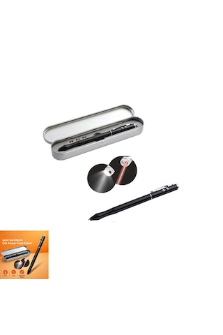 Metal Kutulu Kırmızı Lazerli, Beyaz Led Işıklı Pointer İşaretçi Kalemi Metal Tükenmez Kalem Siyah